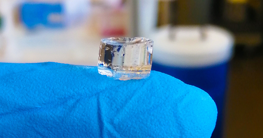 A piece of hydrogel is seen on the tip of a finger in the lab.
