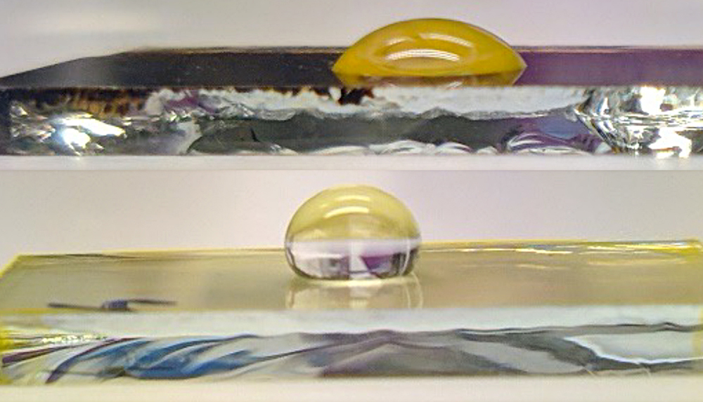 Två bilder som visar hur olika perovskitsolceller interagerar med vattendroppar.