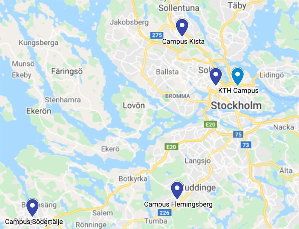 Screenshot from Google maps: locations of KTH's five campuses