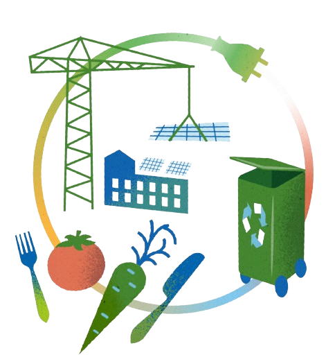 Illustration av mat, återvinning, byggande och energi 