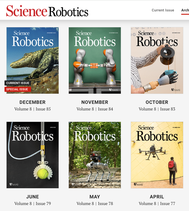 Skärmavbild som visar gränssnittet för tidskriften Science Robotics webbsida.