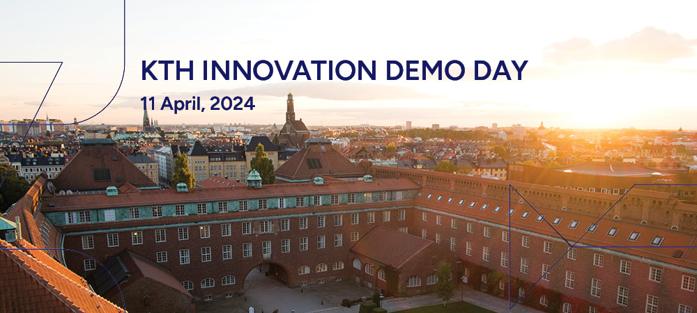 KTH campus from above in sunset with the text KTH Innovation Demo Day April 11 2024