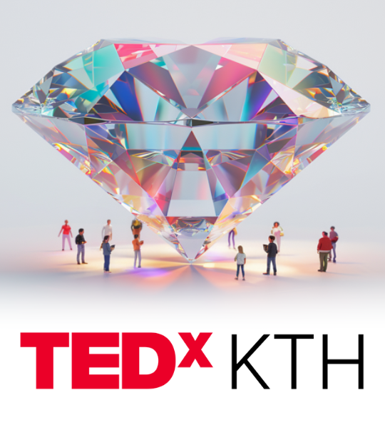 A diamond with people standing around it. Text TEDxKTH. Made with AI-tool Midjourney