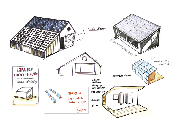 Här är "Solfriggan", en friggebod med solceller på taket som inte kräver något bygglov. Illustration: No Picnic Design.