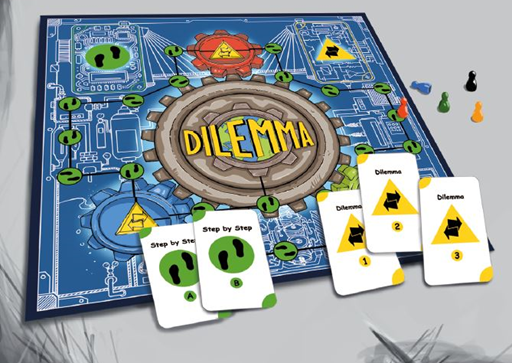 Dilemma Game board with blueprint and gear patterns, game pieces and two types of playing cards: "step by step" and "dilemma".