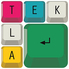 Teklas logotyp, skrivbordstangenter formar ordet Tekla.