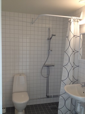 Bathroom with shower, sink and toilet and white tile walls.