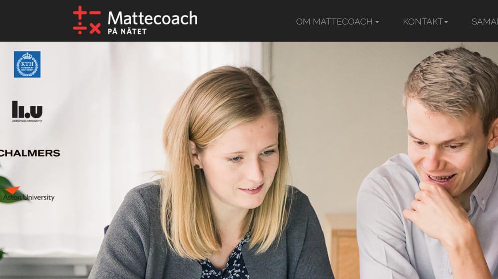 Bild på webbsidan Mattecoach.se med två personer i förgrunden. 