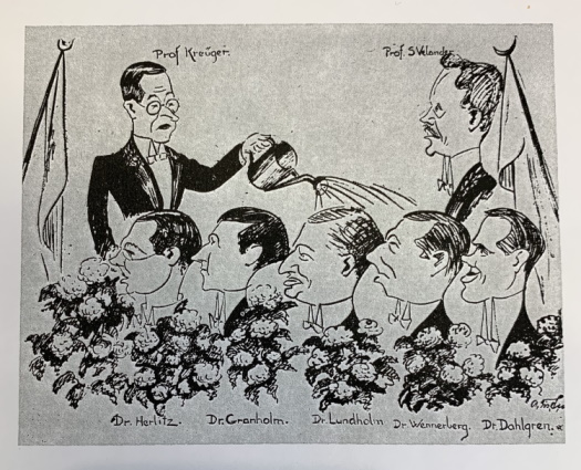 Illustration ritad av A. Fischer, SvD, som föreställer dom fem nya doktorerna. 