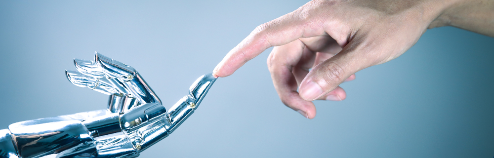 Robot möter männinska. Konceptbild på robotfinger som möter människofinger.