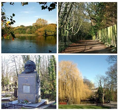 Parken i Hampstead Heath, a large pond, fall looking trees and a Karl Marx statue.