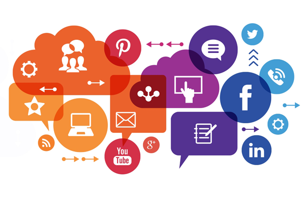 Graphic with media icons like Facebook, Youtube, E-mail etc.