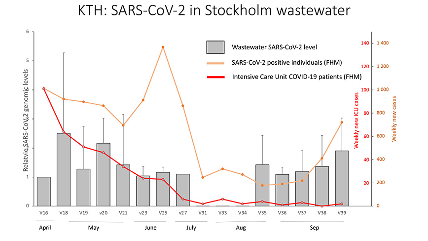 Graf över uppmätt mängd coronavirus som upptäckts i tester av avloppsvatten sedan i april 2020