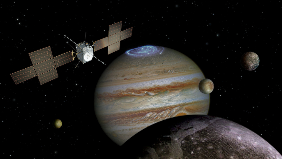 JUICE spacecraft with Jupiter and its moons in the background