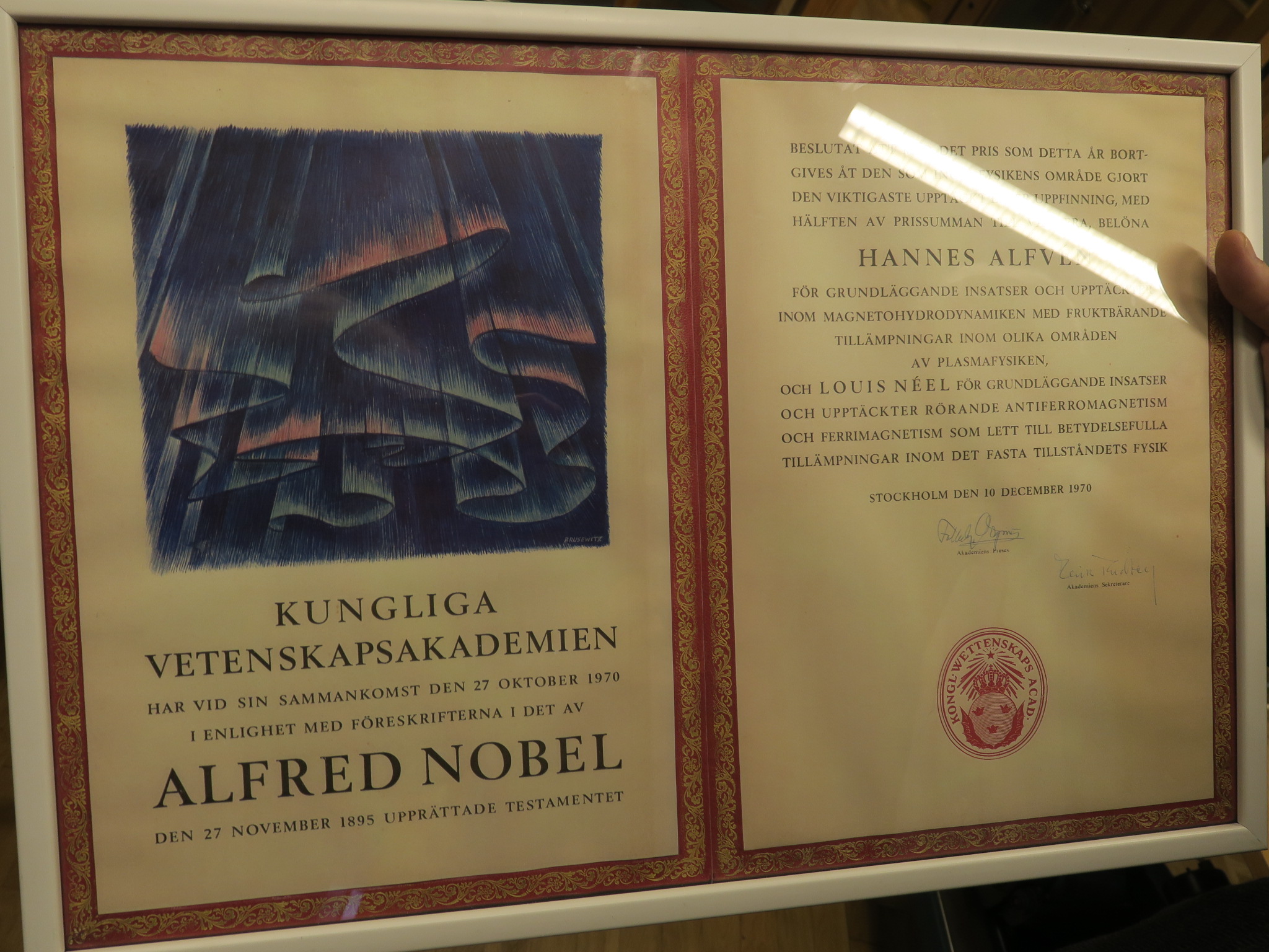 A closeup view of the Nobel Physics citation presented in 1970.