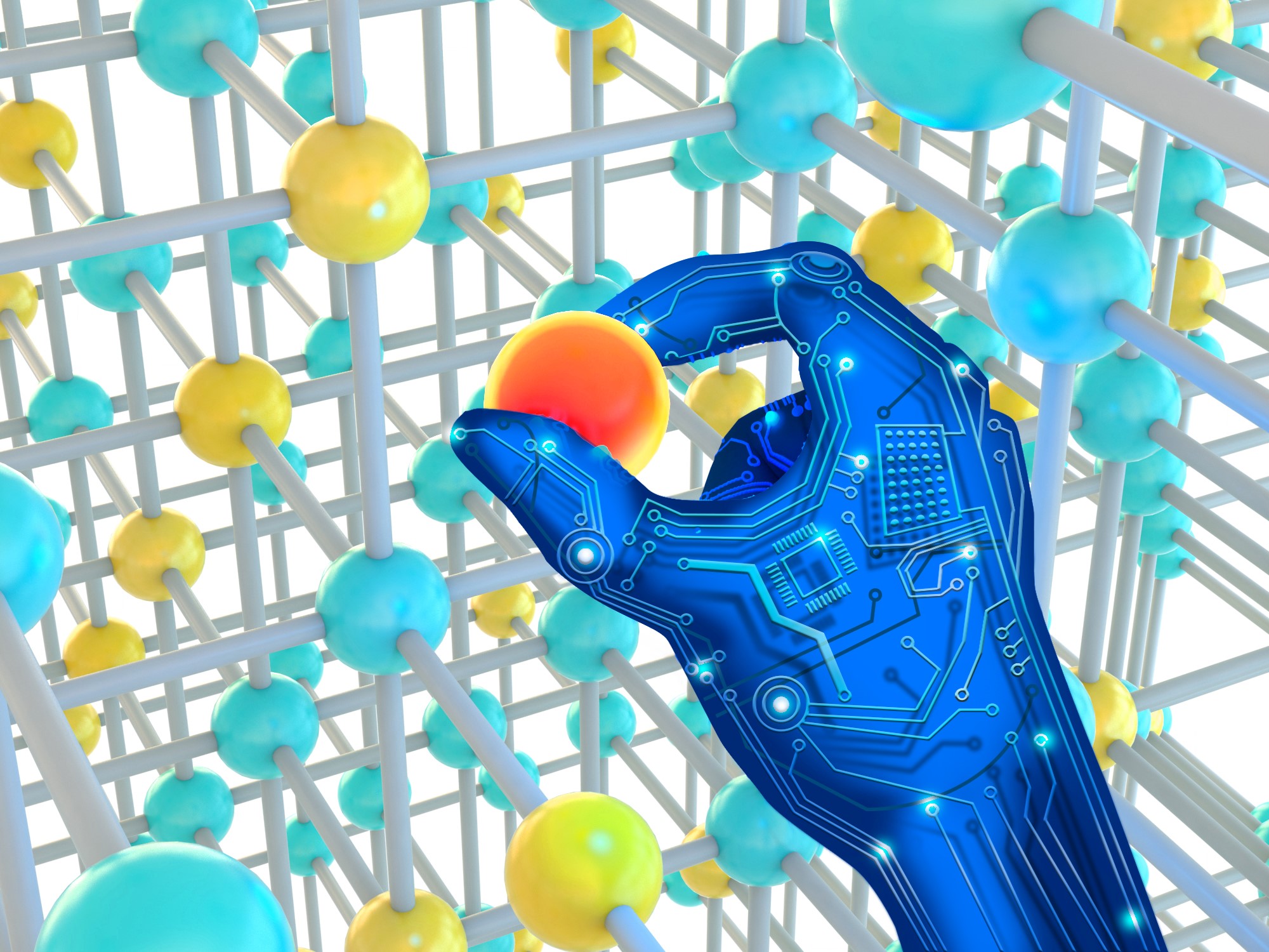 En blå datagjord hand sträcker sig in i en molekylstruktur