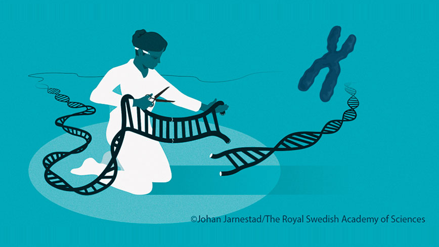 Illustration av gensaxen. Bild av kvinna som klipper i en DNA-sträng.