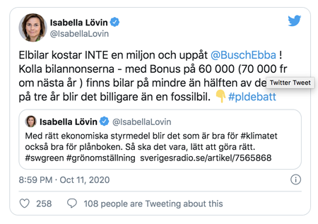Tweet av Isabella Lövin.