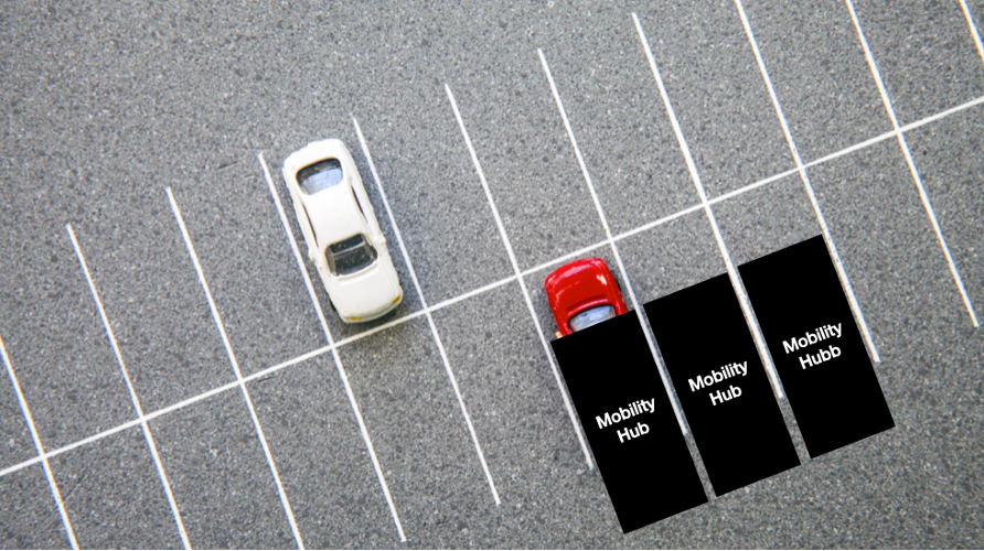 Parkeringsrutor och två bilar samt texten mobility hub över tre av rutorna.