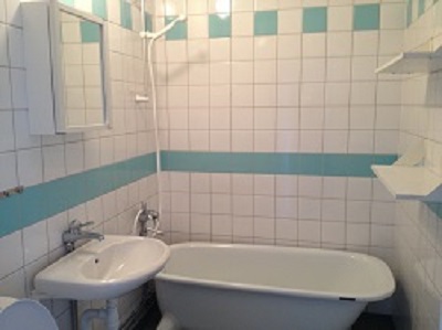Blue and white tiles bathroom with shower and tub, toilet, sink and mirror.