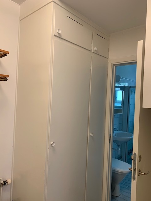 White painted closets outside of bathroom.