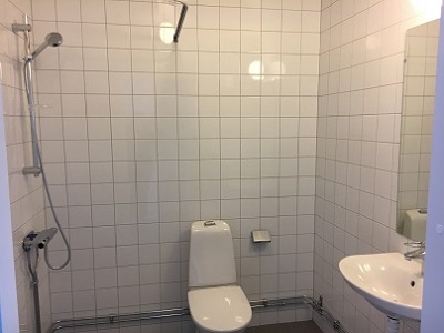 White tiled bathroom with shower, toilet, sink and mirror