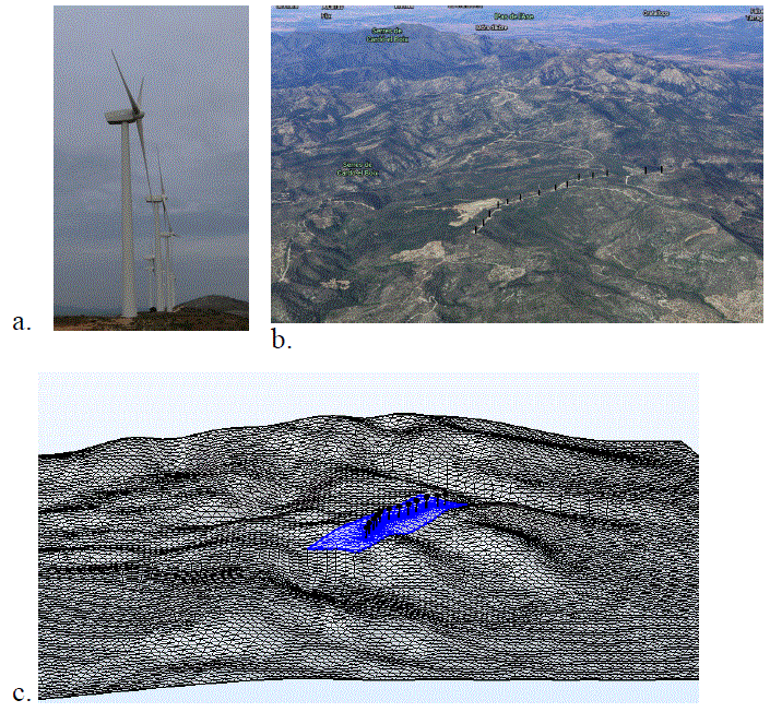Photograph, Google Earth Image and Finite Element geometry of a Wind Park in Tortosa, Spain