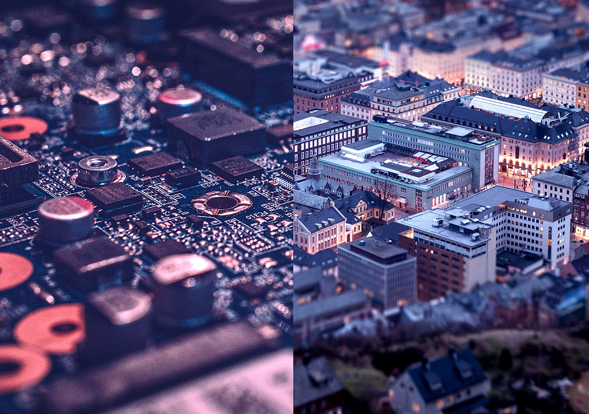 Bild föreställer elektronik till  vänster och en stad från ovan till höger.