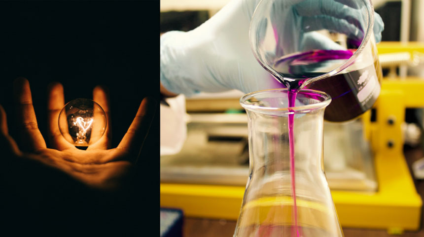 Hand holding a light bulb, and a test tube with liquid. 