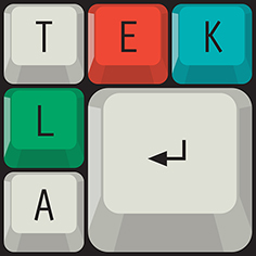 Tekla's logotype, desk keys form the word Tekla.