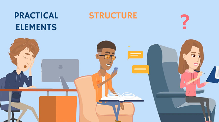 Cartoon depicting three students in different remote learning settings. 