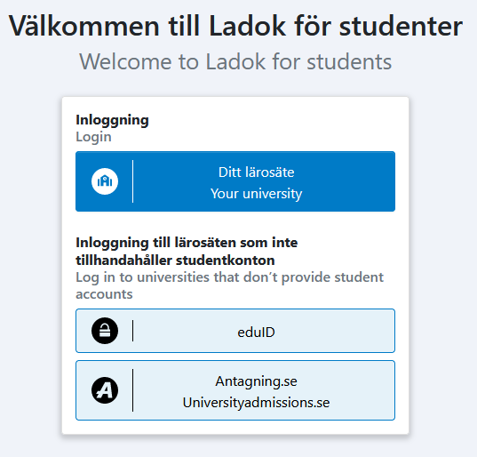 skärmdump: Välkommen till Ladok för studenter. Inloggning: Ditt lärosäte