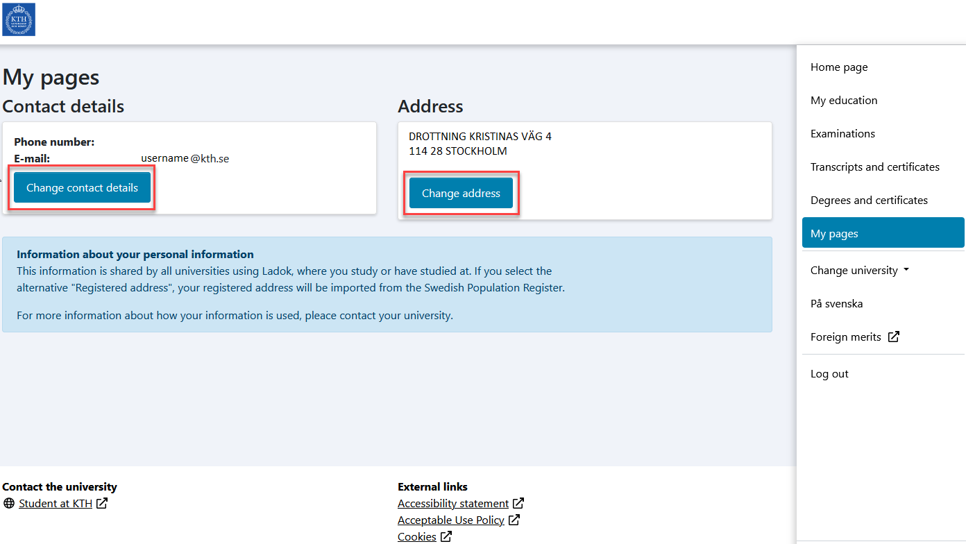 screenshot: Click on "Change contact details" or "Change address".