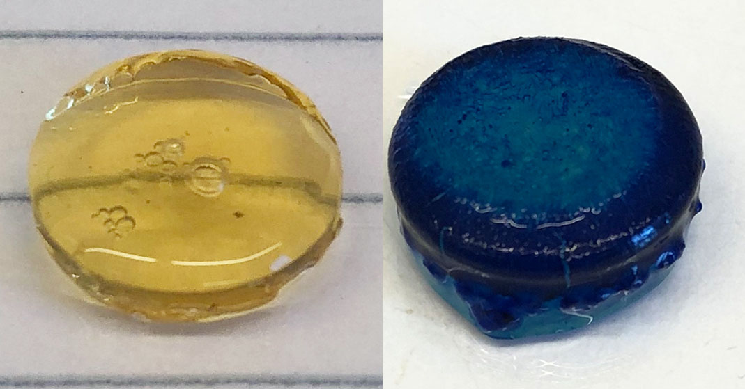 här är den hydrogel som forskarna utvecklat. till vänster oanvänd, och till höger blå av färgämne