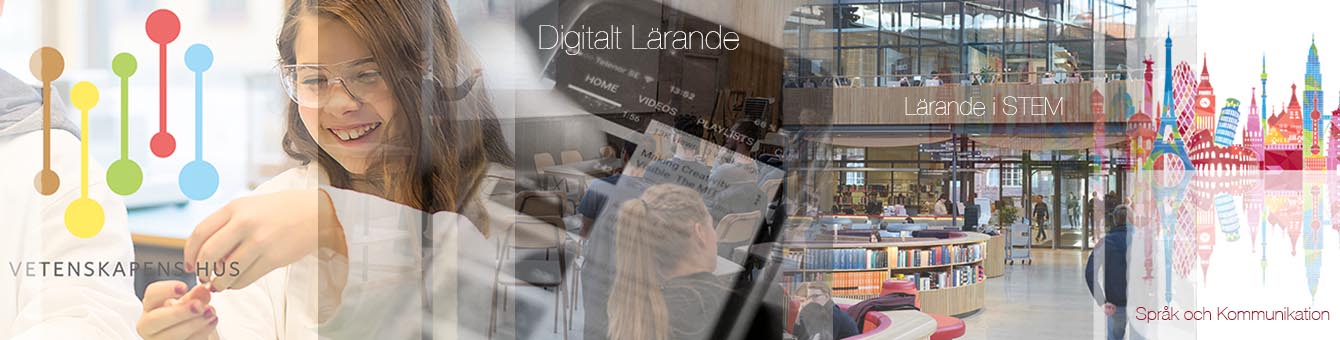 En banner bild med ett barn som forskar, telfon, KTH bilbiotek och Stad skyline illustration