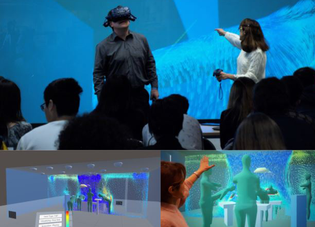 Kollage: Man i VR-headset framför publik. En kvinna pekar mot en skärm. Modellering av rum. 
