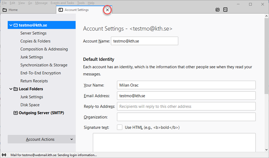 Screenshot: Remove the Email Account Settings tab to access the Inbox tab