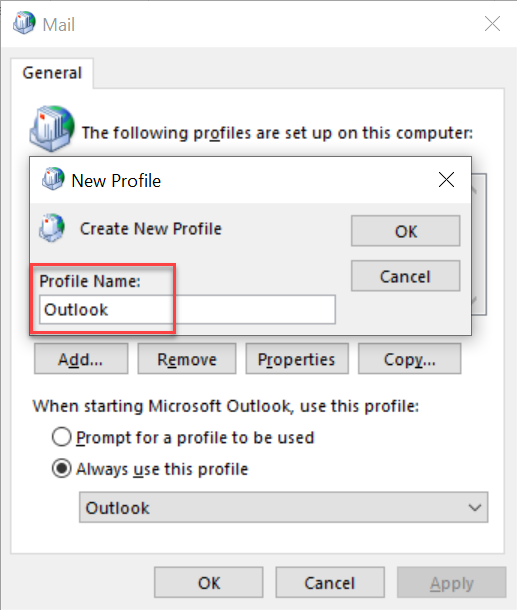 Screenshot: Create a new Outlook profile