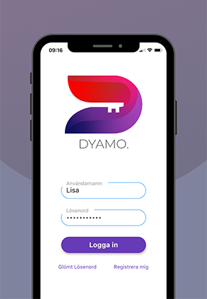 En telefon som visar DYAMO-appen