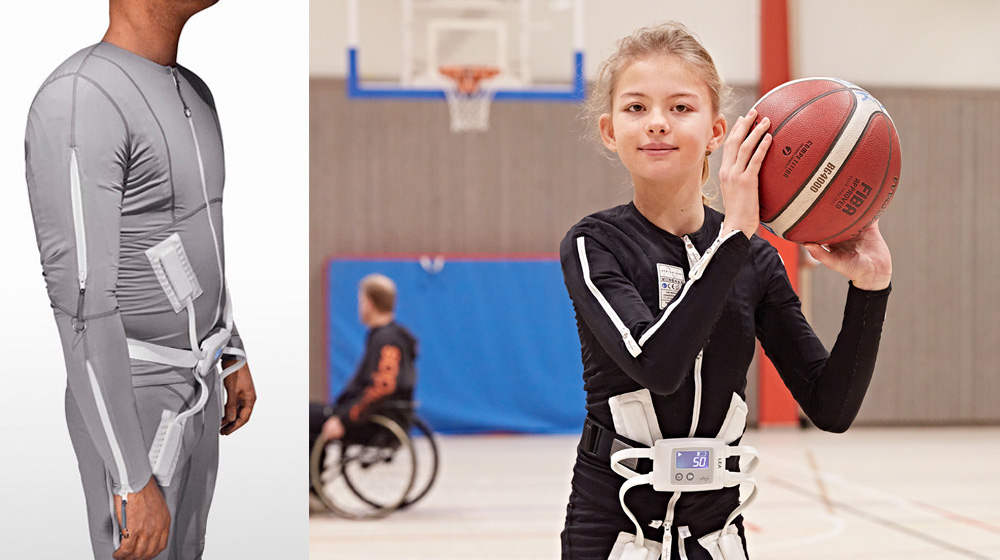The garment as a prototype next to a picture of a girl playing basket ball in the suit. 