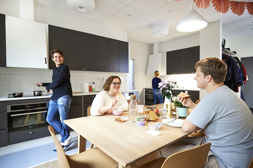 Students eat a meal in a shared kitchen at the experimental apartment 