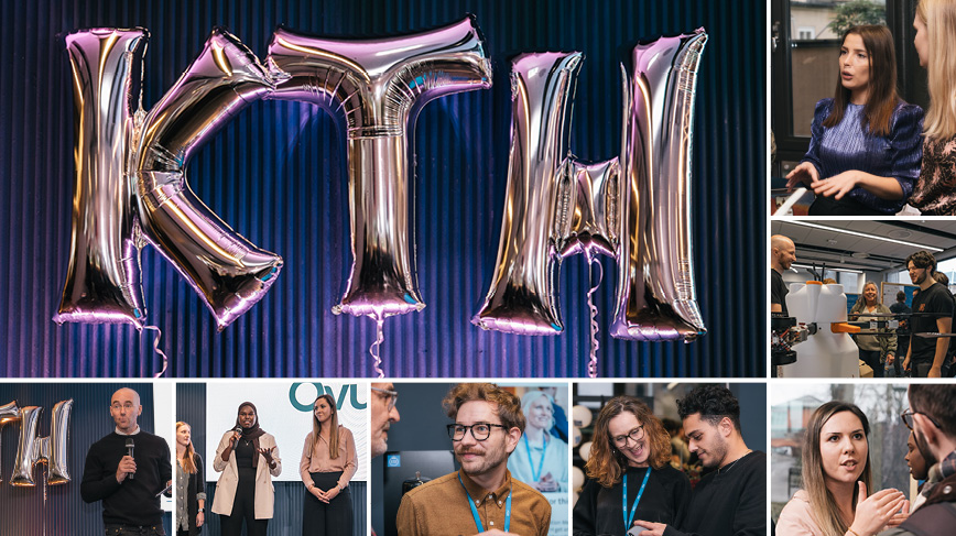 Picture collage: Three silver balloons spelling KTH and people in an event environment.