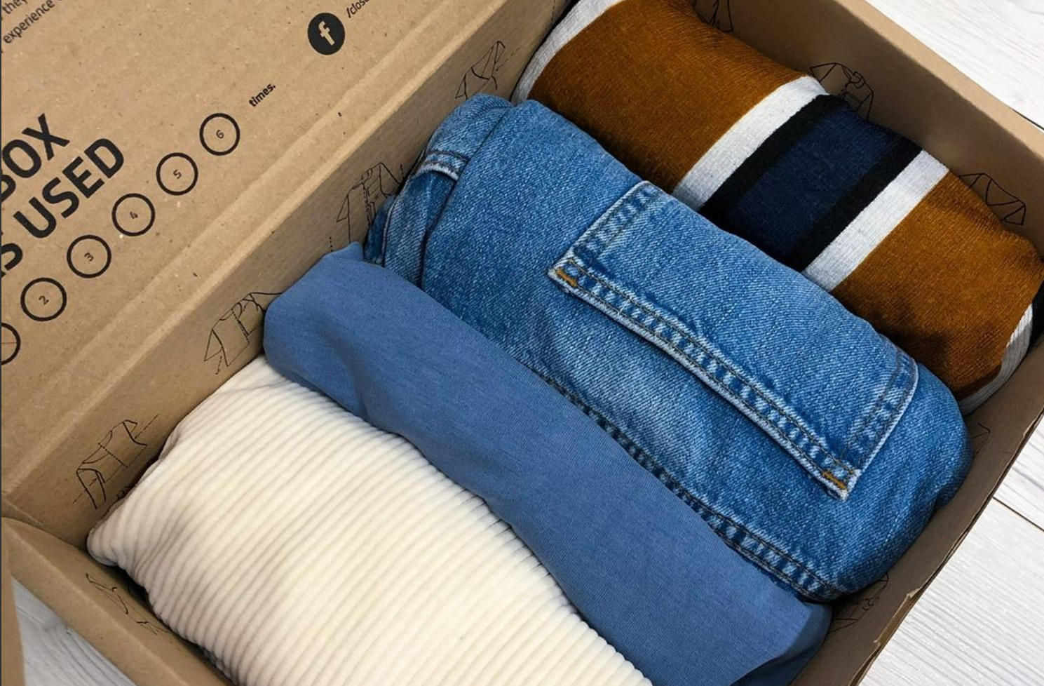 En låda med vikta kläder. 