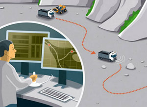 illustration som visar självkörande fordon i gruvmiljö