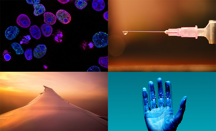 Ett collage bestående av bilder på cancerceller, injektionsspruta, flygplansvinge samt robothand.