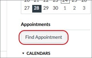 Zoomed in Canvas calendar at the sidebar, with the button "Find appointment" marked