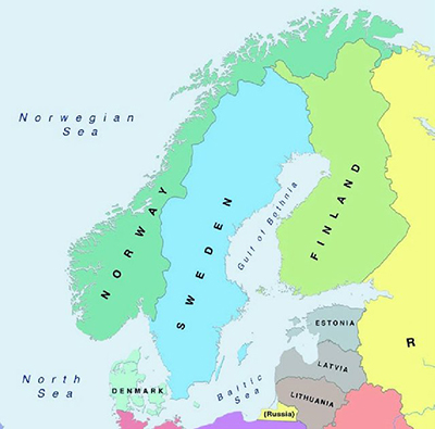 A map of Norway, Sweden and Finland