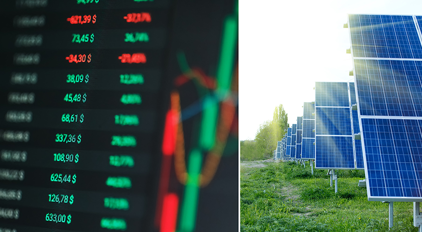 Collage med bildskärm som visar börssiffror och solpaneler.