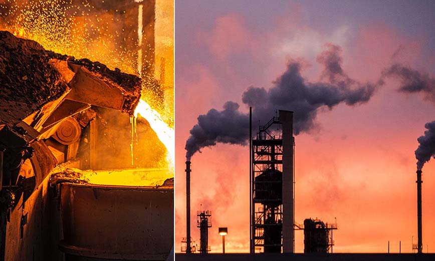 Bildmontage som visar smältande stålmassa och exteriör av petrokemisk industrianläggning.