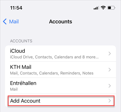 Add account is selected